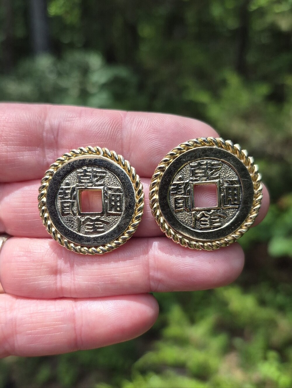 Rare Bergere Asian Coin Gold Tone Clip-On Earrings Vintage Signed 1"